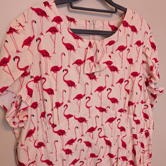 Lindy Bop Flamingo Print Midi Dress - Pink and Cream - Picture 1 of 13
